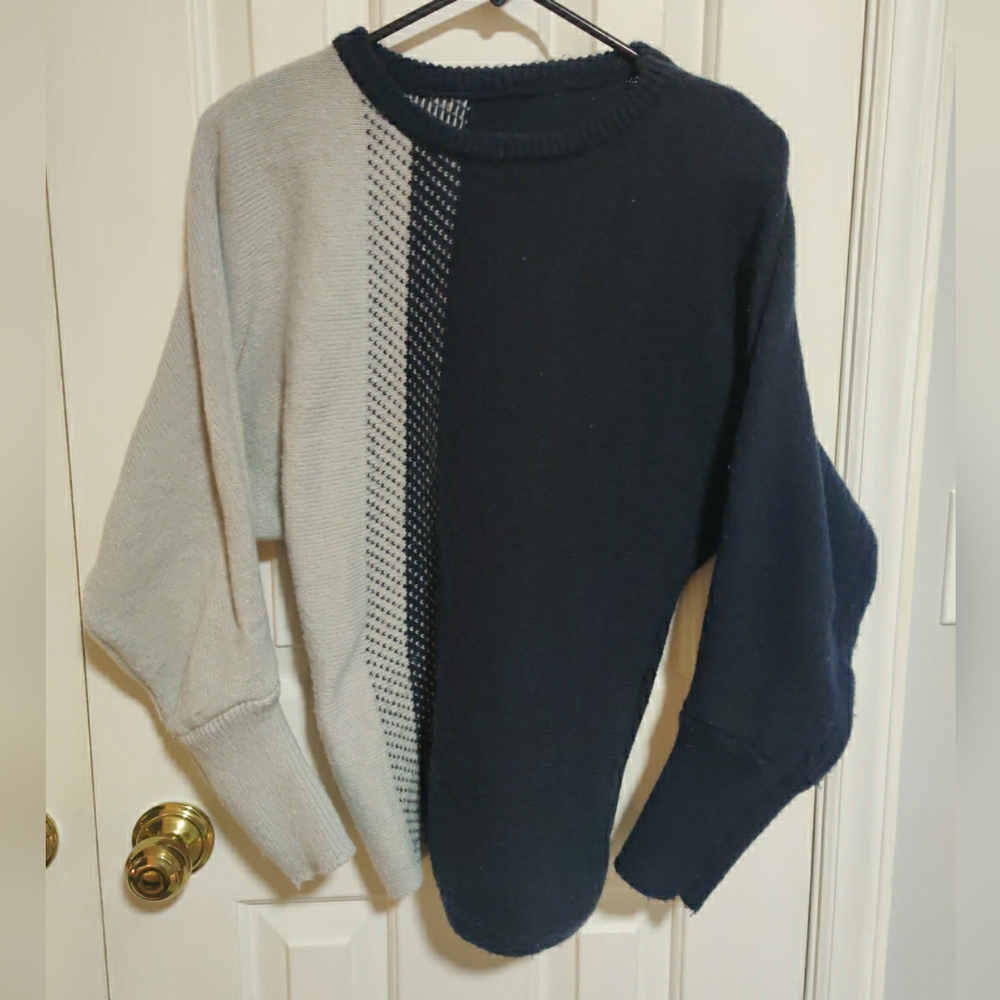 SHEIN Women's Colorblock Crewneck Sweater - Navy and Light Gray Size M
